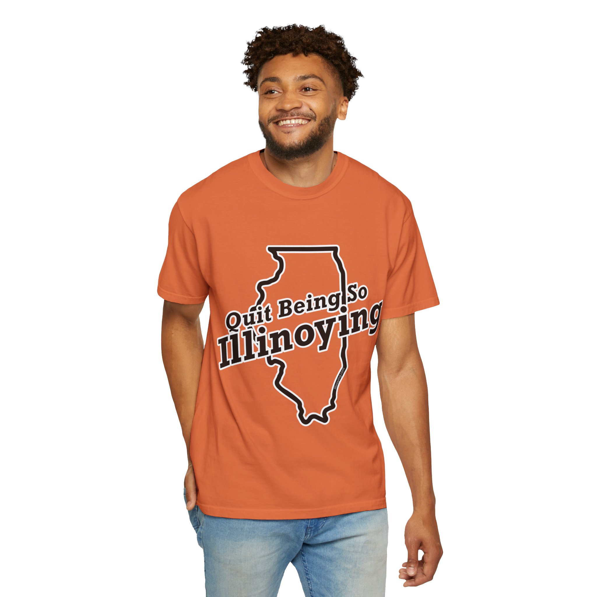 Man wearing an orange Quit Being So Illinoying t-shirt
